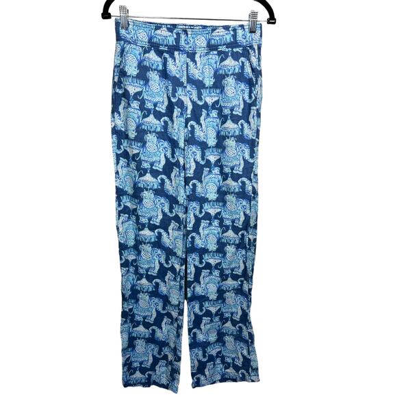 Lilly Pulitzer Florita Linen Pants Indigo Blue Elephant Resort Wear Preppy Flowy - Picture 1 of 8